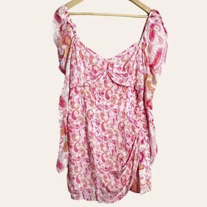 Rococo Sand Pink White Paisley Print Long Puff Sleeve Mini Dress Size M